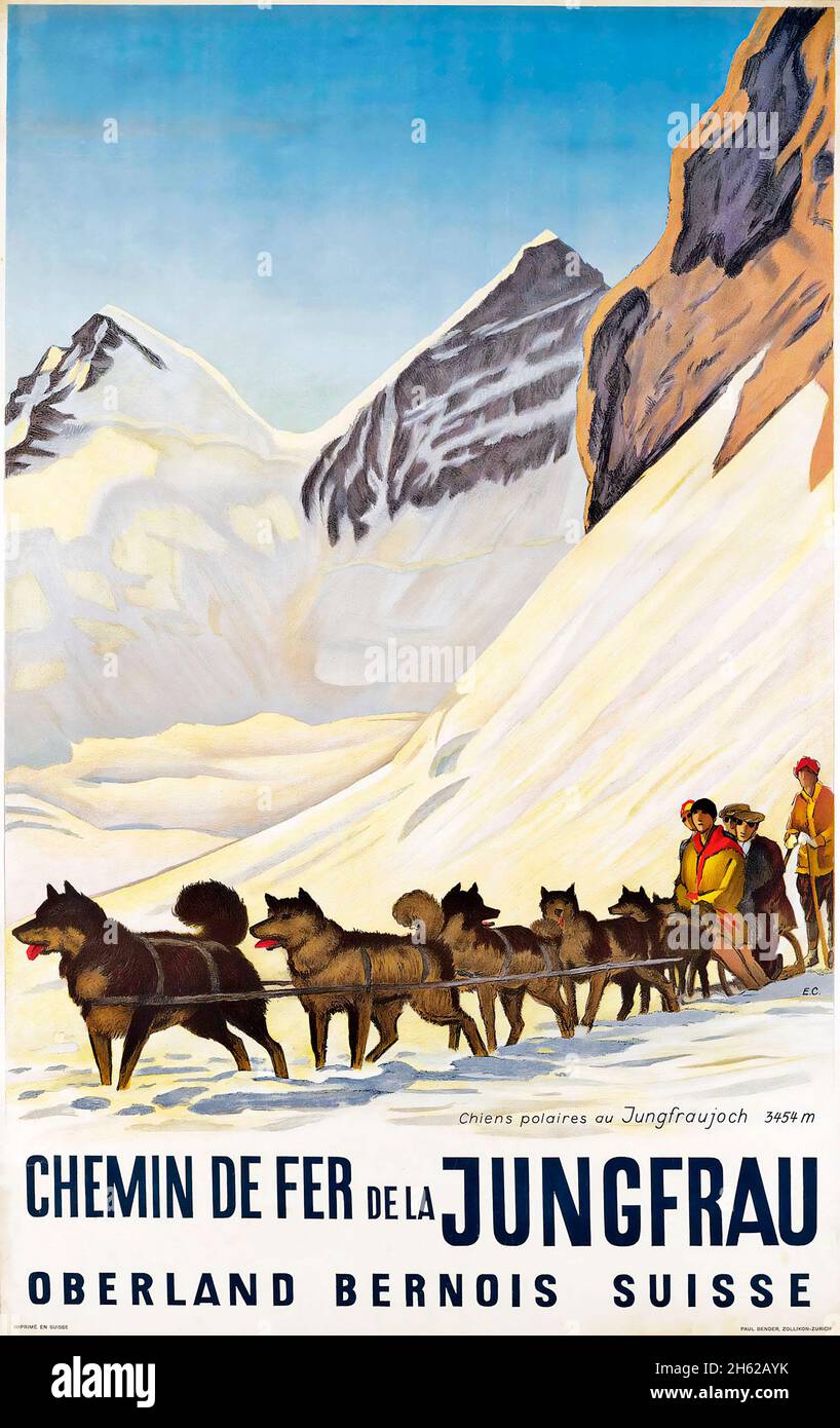 Emil Cardinaux (1877-1936) chemin de fer dela JUNGFRAU - Poster de voyage d'époque - traîneau à chiens, Oberland Bernois, Suisse, Schweiz, Suisse 1925 Banque D'Images