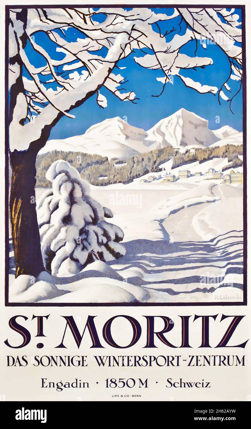 ST. MORITZ - Poster de voyage d'époque - Sport d'hiver - Plinio Colombi (1873-1951) Suisse, Suisse, Suisse, Suisse Banque D'Images