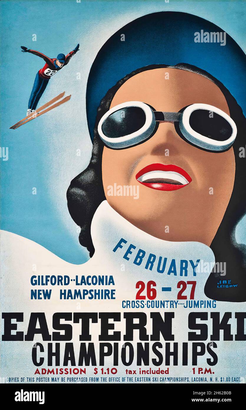 Vintage USA Travel Poster - Sport d'hiver - Championnats de ski de l'est. Gilford Laconia New Hampshire. Cross-country - saut. Banque D'Images