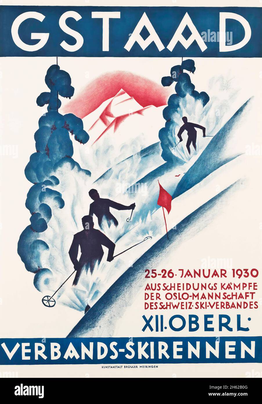 Vintage Travel Poster - Winter Sport – GSTAAD - artiste anonyme, 1930, imprimé par Brügger, Meiringen.XII Oberl.Verbands-skirennen.Suisse. Banque D'Images