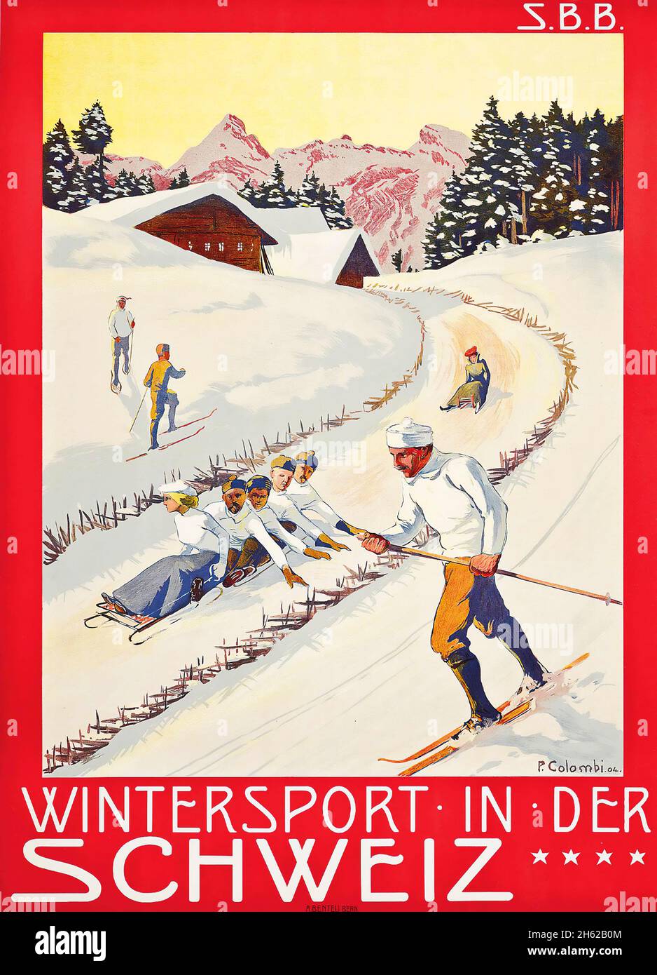 Vintage Travel Poster - Winter Sport – Plinio Colombi (1873-1951) WINTERSPORT IN DER SCHWEIZ 1904 Suisse, Schweiz, Suisse Banque D'Images
