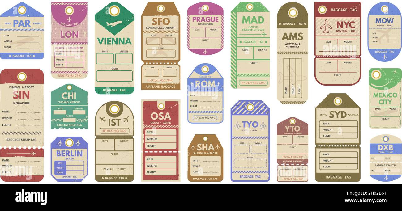 Étiquettes de voyage rétro, timbres de vol d'aéroport.Étiquettes de voyage vintage pour bagages, illustration vectorielle des billets de voyage pour les bagages de rome, shanghai et madrid Illustration de Vecteur