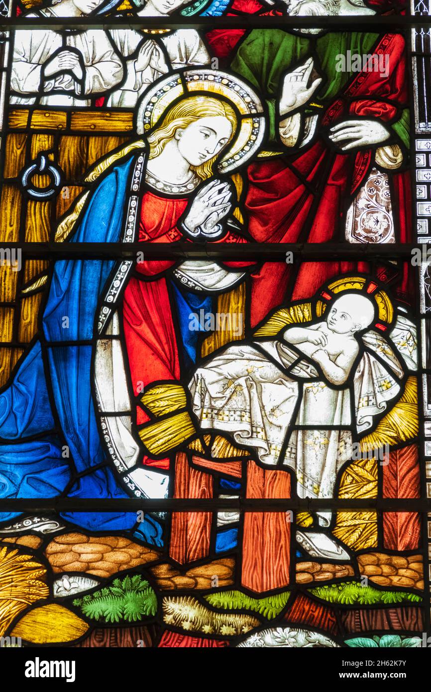 angleterre,hampshire,romsey,abbaye romsey,vitrail représentant la vie du christ Banque D'Images