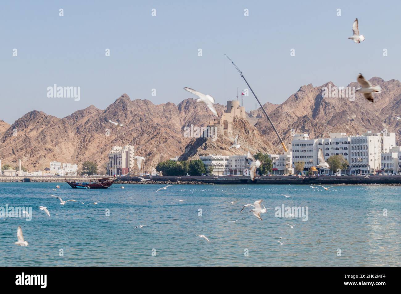 Vue sur la Corniche de Mutrah avec le fort de Mutrah à Muscat, Oman Banque D'Images