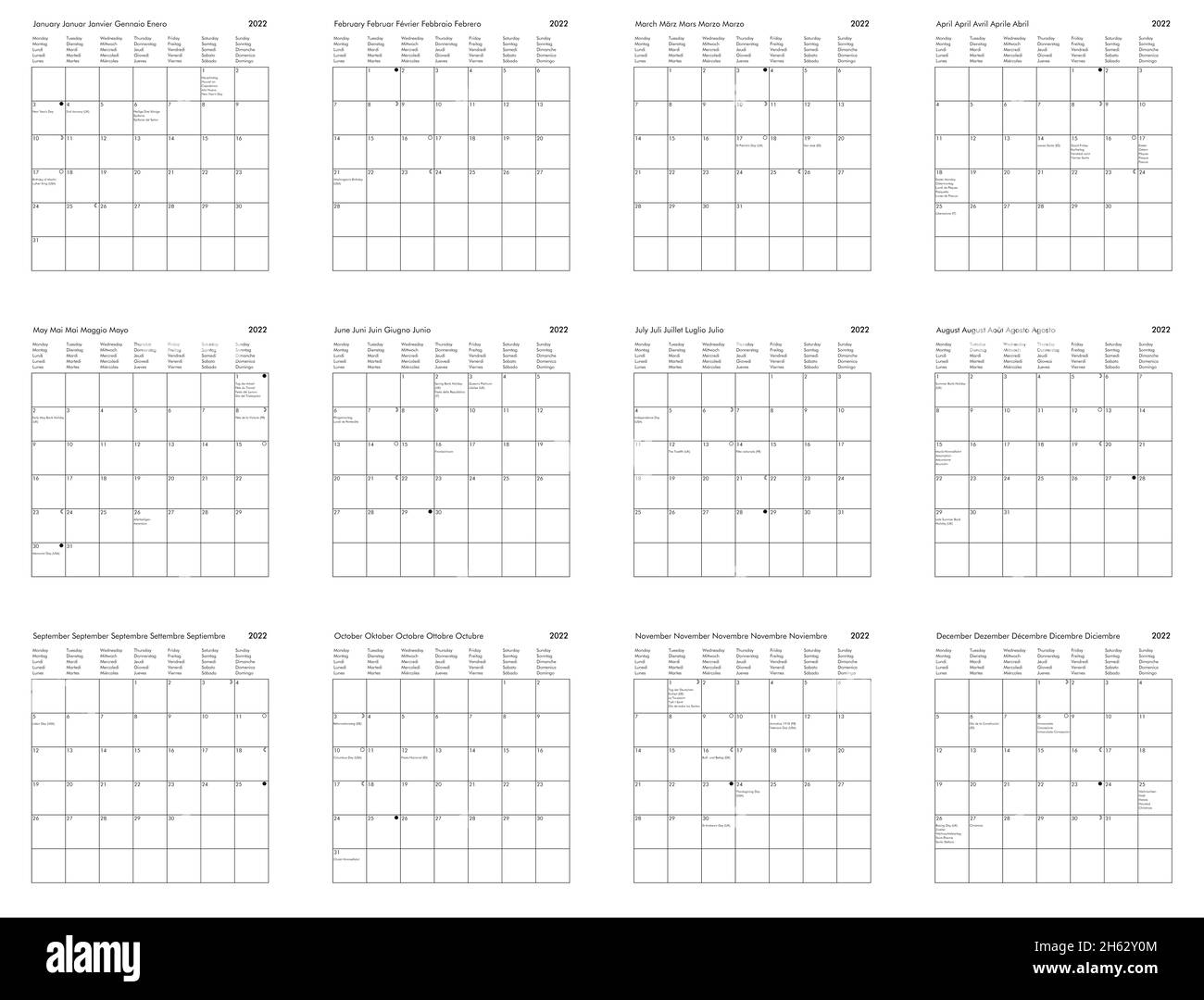 Calendrier international de l'année 22 avec jours fériés et jours fériés pour le Royaume-Uni USA Allemagne France Italie Espagne Photo Stock - Alamy