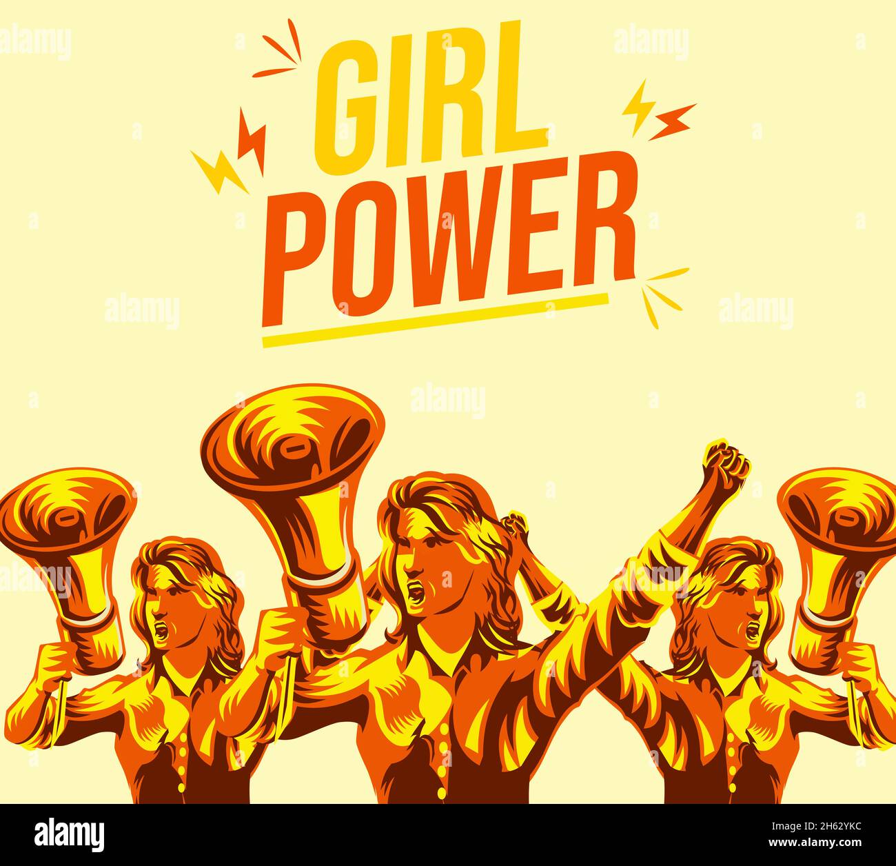 Girl Power Illustration arrière-plan avec Girl Holding Mic et de protester.Toile de fond du nouveau concept des droits des femmes Banque D'Images