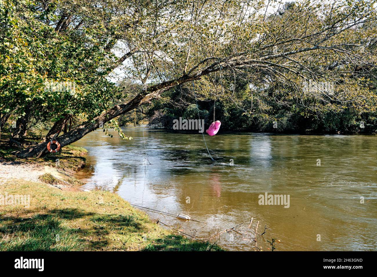 Rivière Toccoa avec arbres suspendus avec un marqueur rose pour l'atterrissage en tubing dans la campagne de Géorgie, États-Unis. Banque D'Images