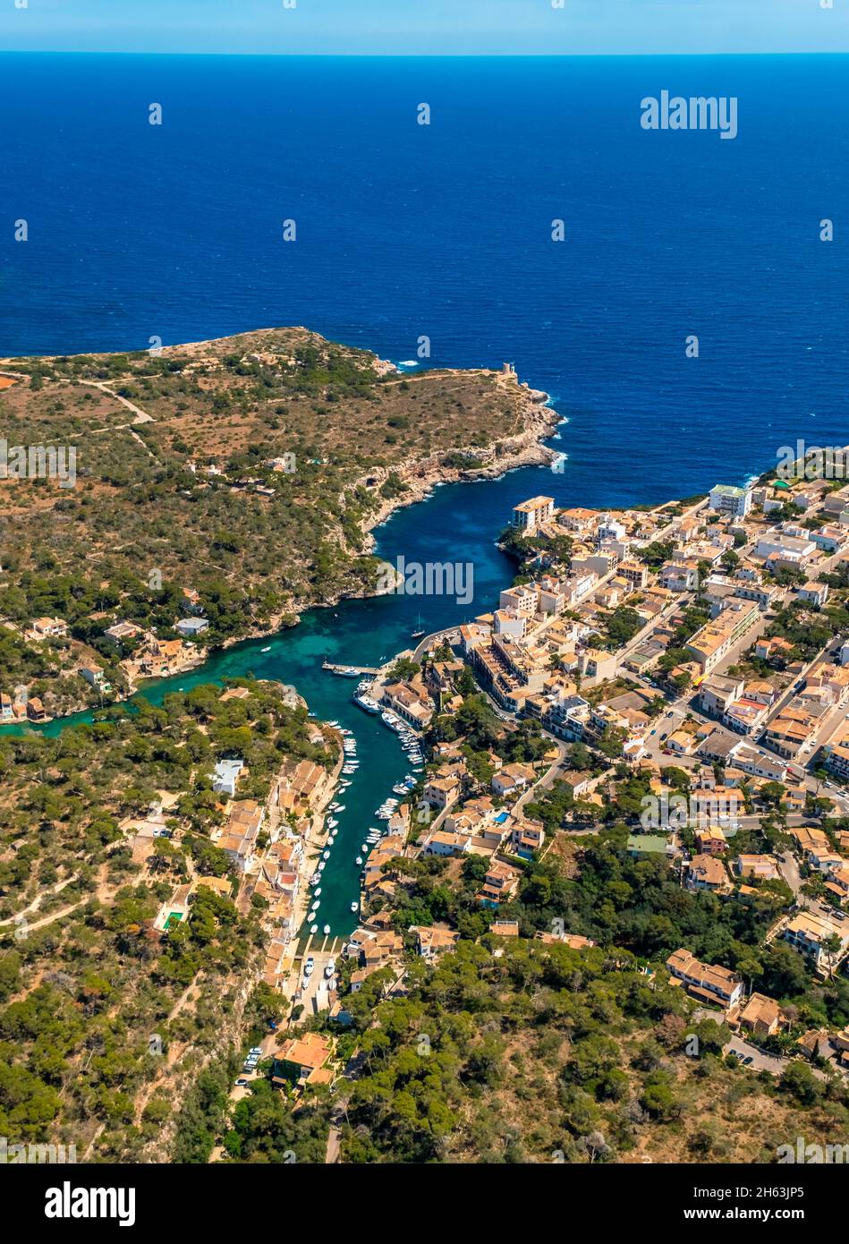 vue aérienne,cala figuera,port,port de pêche,santanyí,europe,iles baléares,espagne Banque D'Images