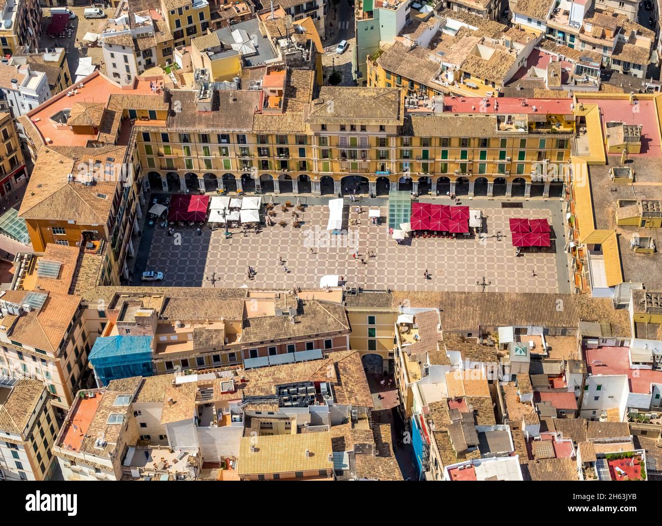 vue aérienne, plaça major, place historique avec cafés, palma, majorque, iles baléares, espagne Banque D'Images
