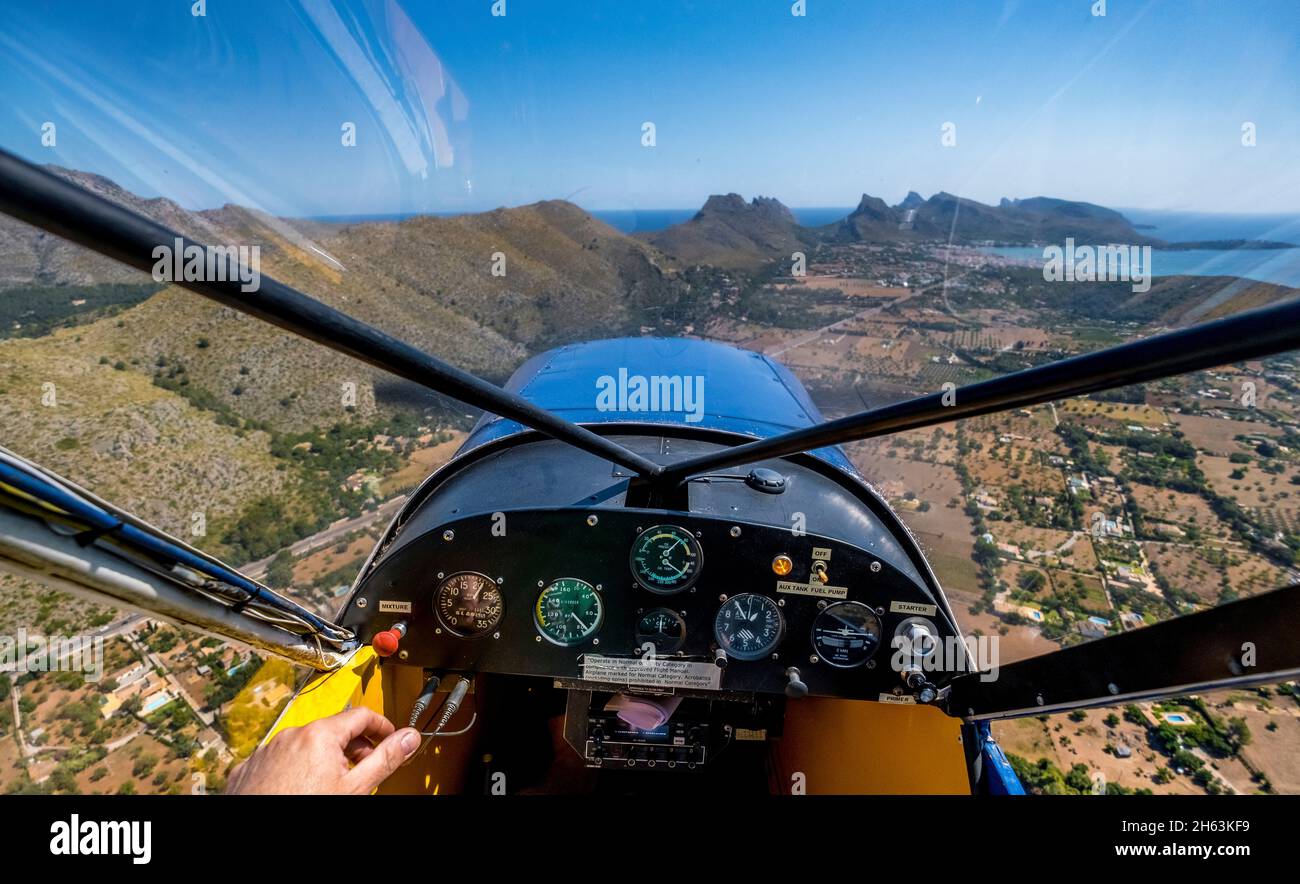 vue aérienne, cockpit d'avion sur les montagnes tramuntana,pollença,mallorca,iles baléares,espagne Banque D'Images