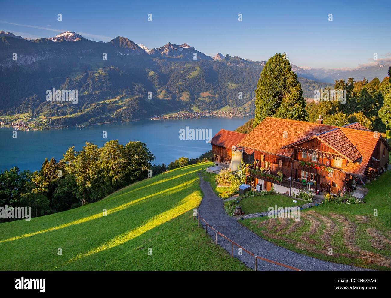 ferme au-dessus du lac thun au soleil tôt le matin, beatenberg, alpes bernoises, oberland bernois, canton de berne, suisse Banque D'Images