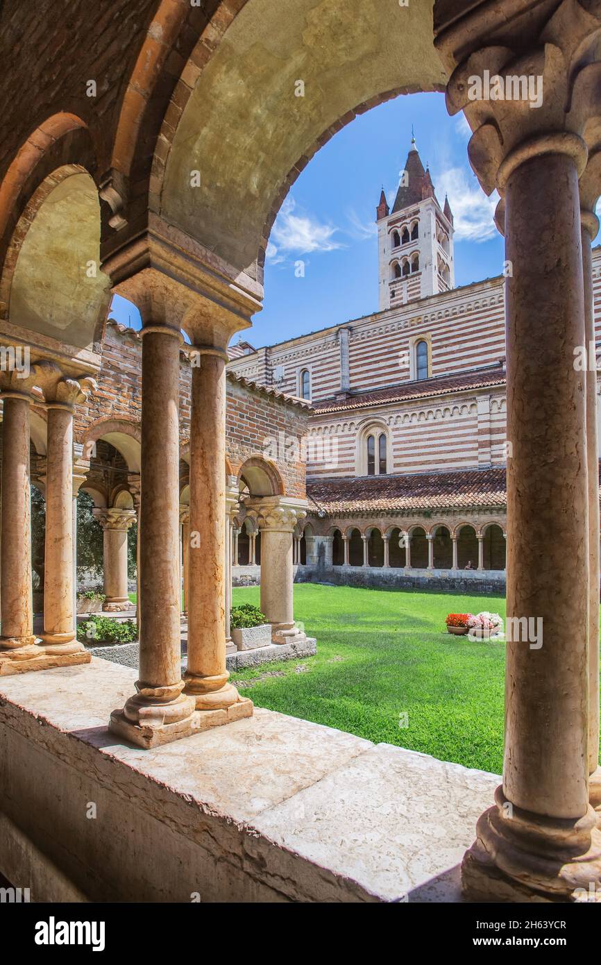 cloître à l'église de san zeno maggiore avec clocher dans la vieille ville, vérone, adige, vallée de l'adige, province de vérone, vénétie, italie Banque D'Images