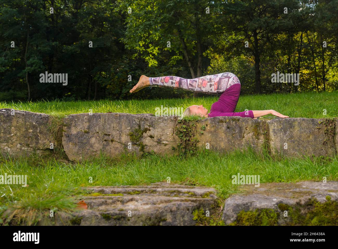 jeunes femmes faisant du yoga, wiese, am kappelberg, baden-württemberg, allemagne Banque D'Images