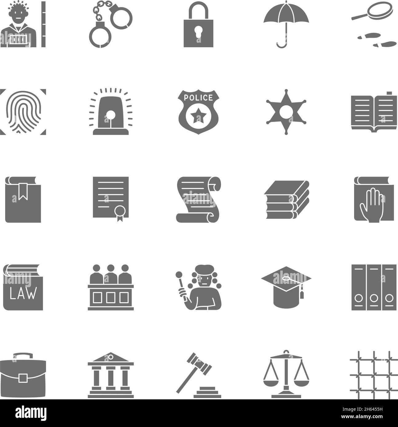 Icônes grises de l'ensemble des lois et de la justice.Criminel, menottes, Balance, police et plus encore. Illustration de Vecteur