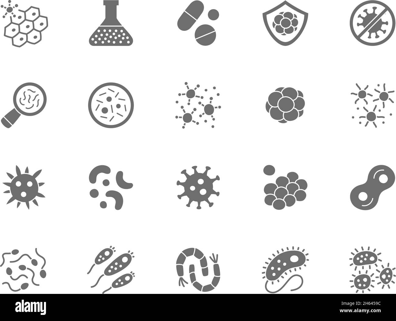 Ensemble d'icônes gris bactéries.Microbe, germe, cellule, caviar, système immunitaire et plus encore. Illustration de Vecteur