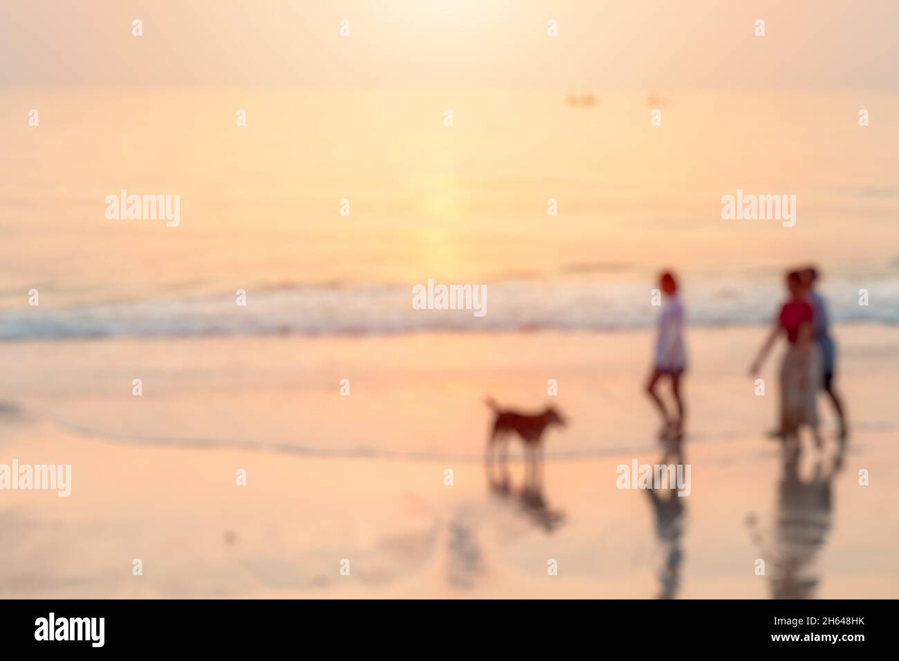 blur les gens heureux de jouer avec le chien à la mer plage coucher de soleil scène pour l'arrière-plan Banque D'Images