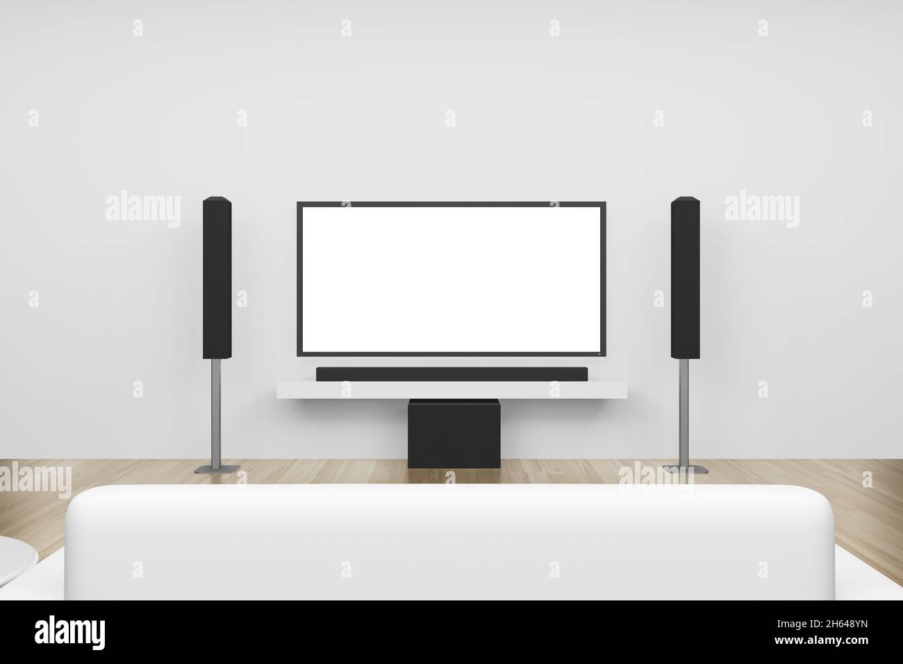 Rendu 3D Home Entertainment blanc salon propre avec TV écran vierge Banque D'Images
