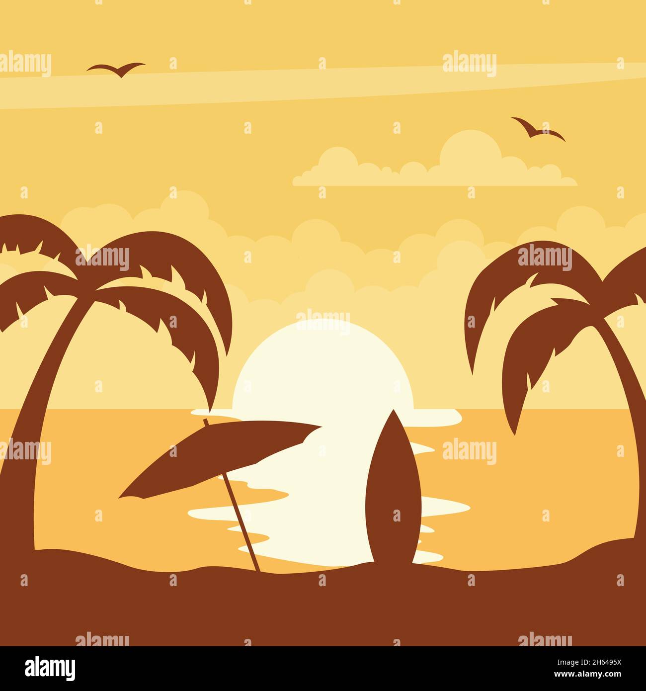 Coucher de soleil sur la plage avec parasol et surf Illustration de Vecteur