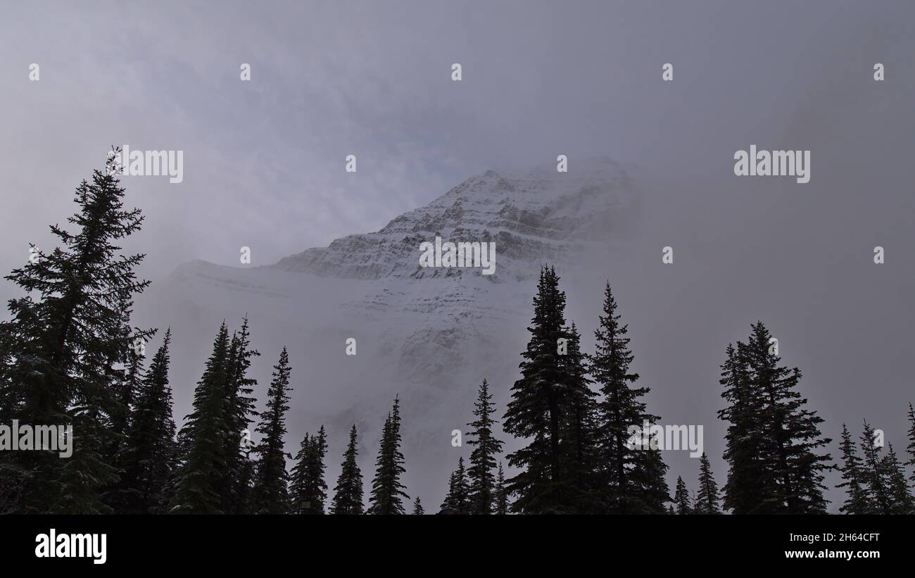 Vue imprenable sur le Mont Edith Cavell avec une face rocheuse enneigée à travers les nuages bas en automne dans le parc national Jasper, Alberta, Canada. Banque D'Images