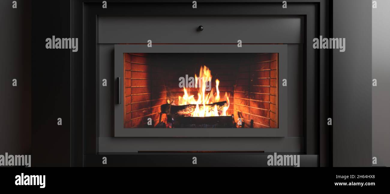 Foyer d'énergie, le feu brûlant rayonne de la chaleur, maison chaude en hiver.Poêle flammes et bois de chauffage derrière porte en verre, intérieur moderne.illustration 3d Banque D'Images