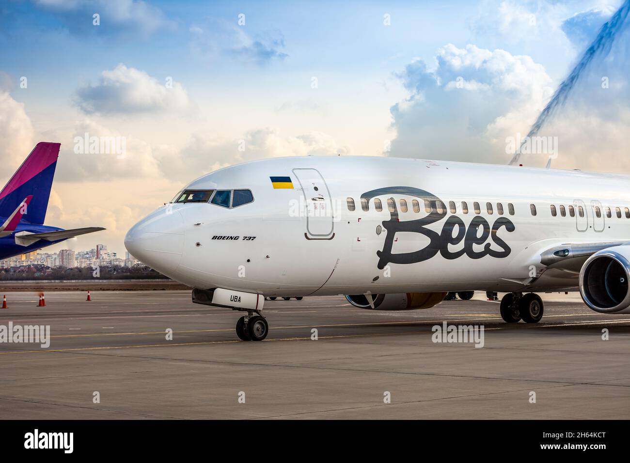 Avion jaune de la compagnie aérienne Bees sur le tablier.Boeing 737-800 UR-UBA avion de tourisme.Après la pluie et le lavage.Copier piste d'espace.Ukraine, Kiev - 19 mars 2021. Banque D'Images