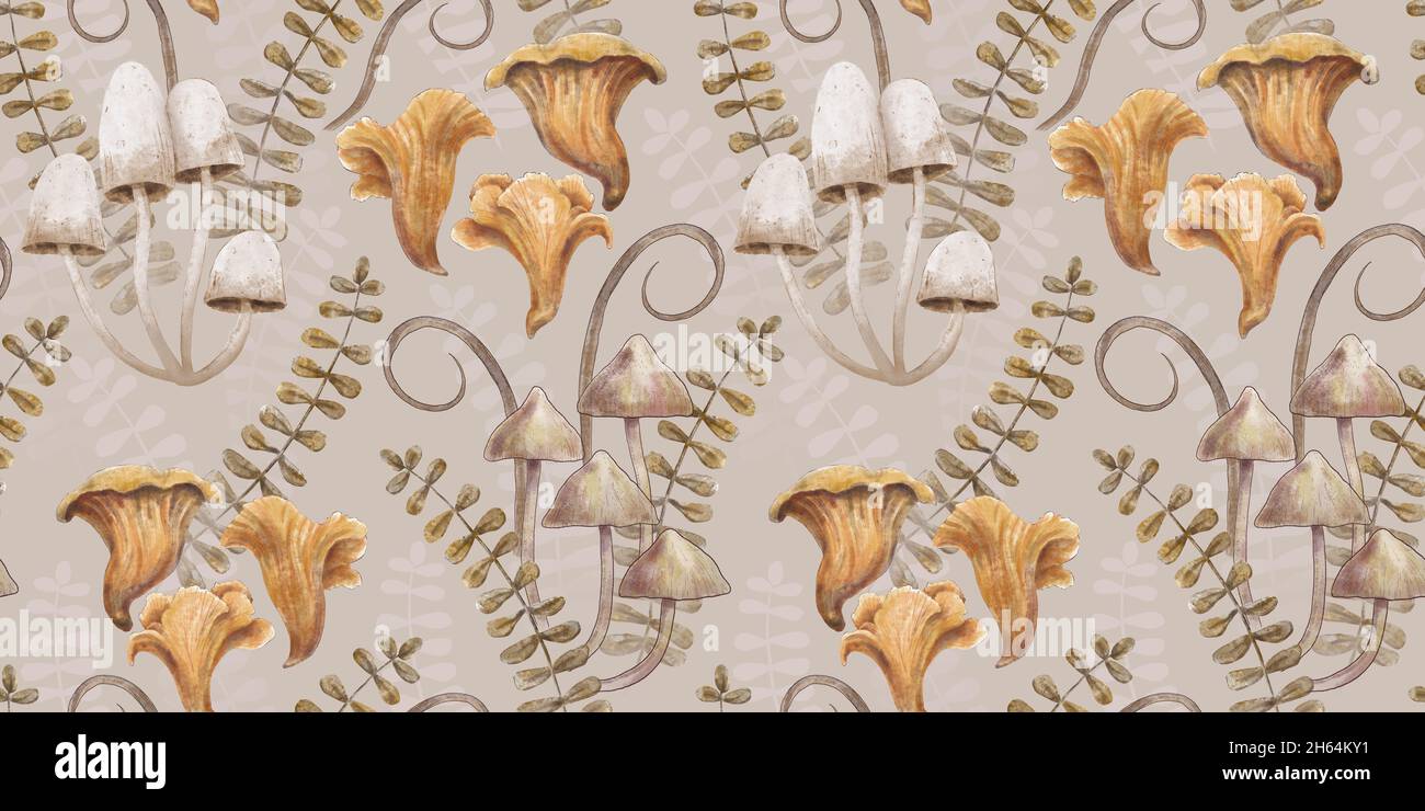 Motif botanique sans couture.Fond de forêt clair avec des champignons, des herbes et des feuilles.Illustration aquarelle à dessin à la main Banque D'Images