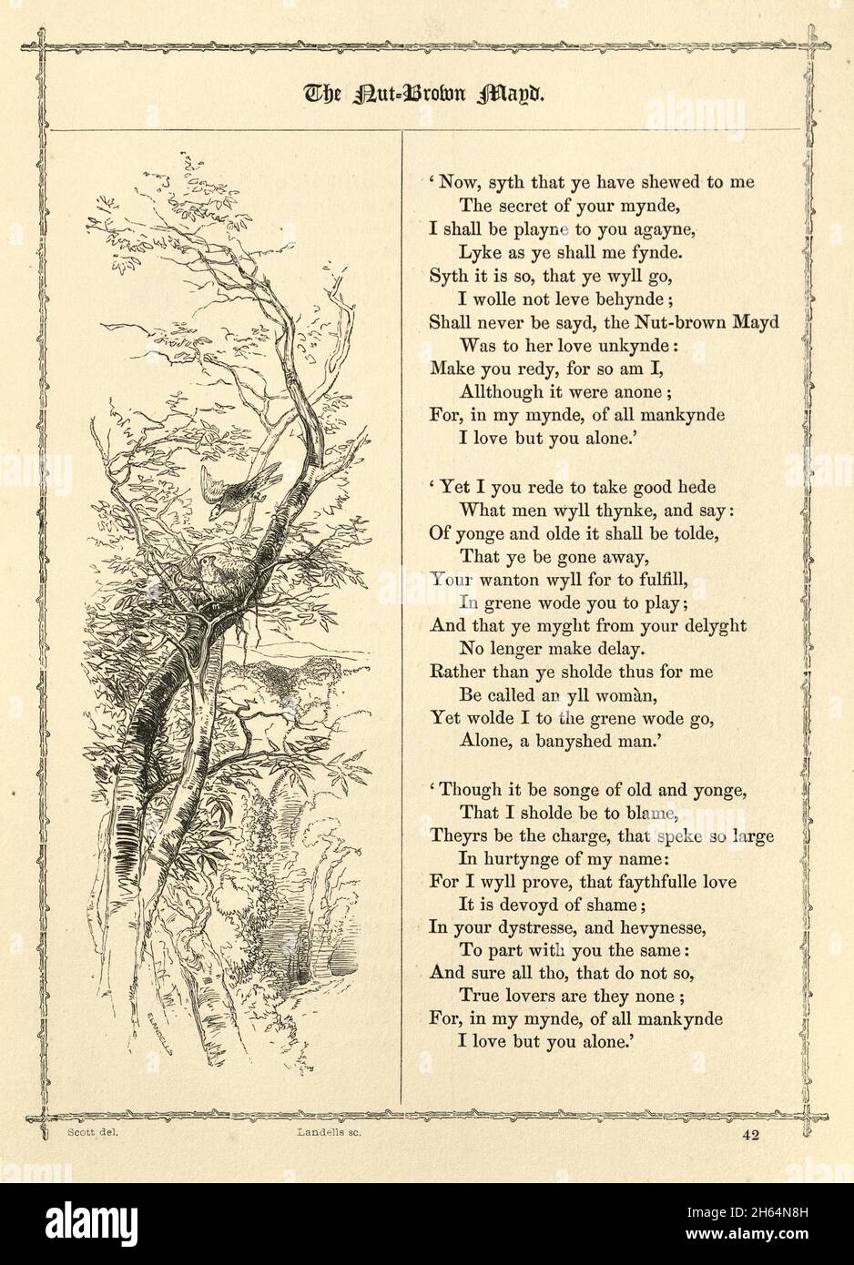 Livre de British Ballads, The Nut-Brown Maid, Daemon, victorien du XIXe siècle.Un homme et une femme parlent de la fidélité des femmes, il ne croit pas, et elle produci Banque D'Images