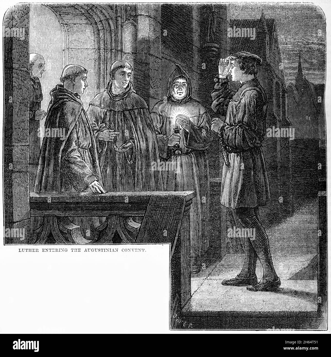 Gravure de Martin Luther entrant dans le monastère Augustinien comme un jeune homme, fin du 1400. Banque D'Images