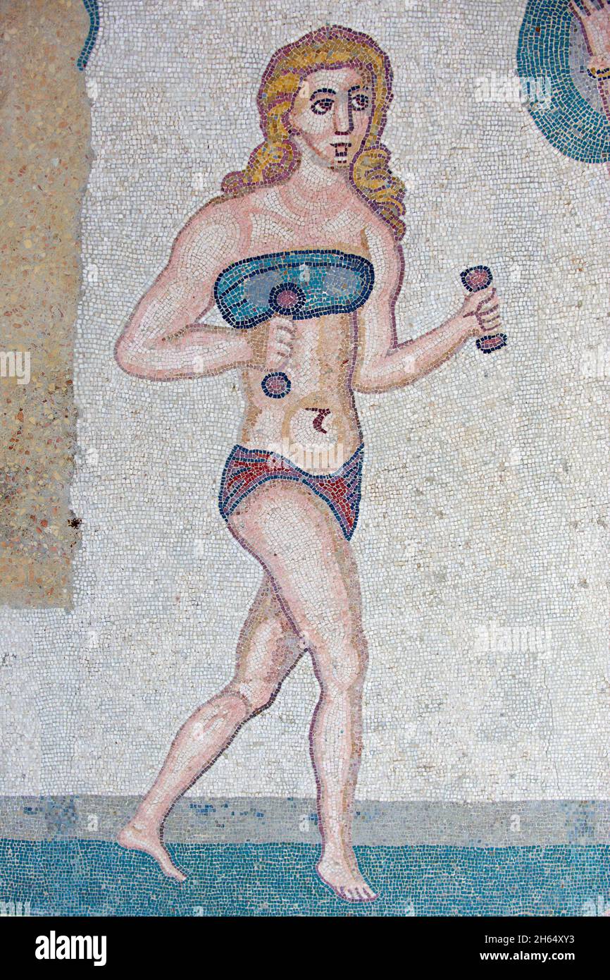 Italie, sicile, Piazza Armerina, Villa Romana del Casale, mosaïques, bikini filles, patrimoine mondial de l'UNESCO Banque D'Images
