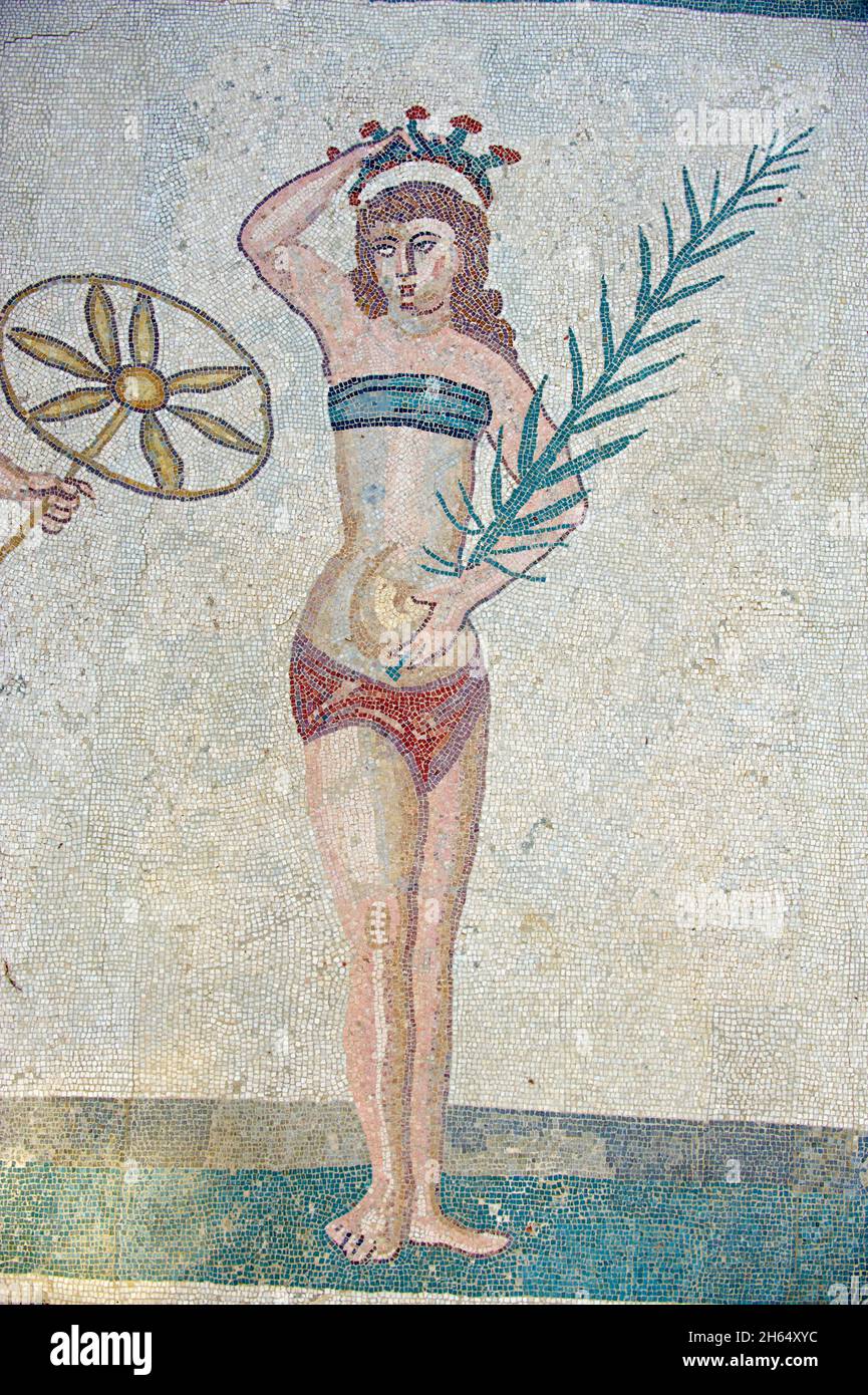 Italie, sicile, Piazza Armerina, Villa Romana del Casale, mosaïques, bikini filles, patrimoine mondial de l'UNESCO Banque D'Images