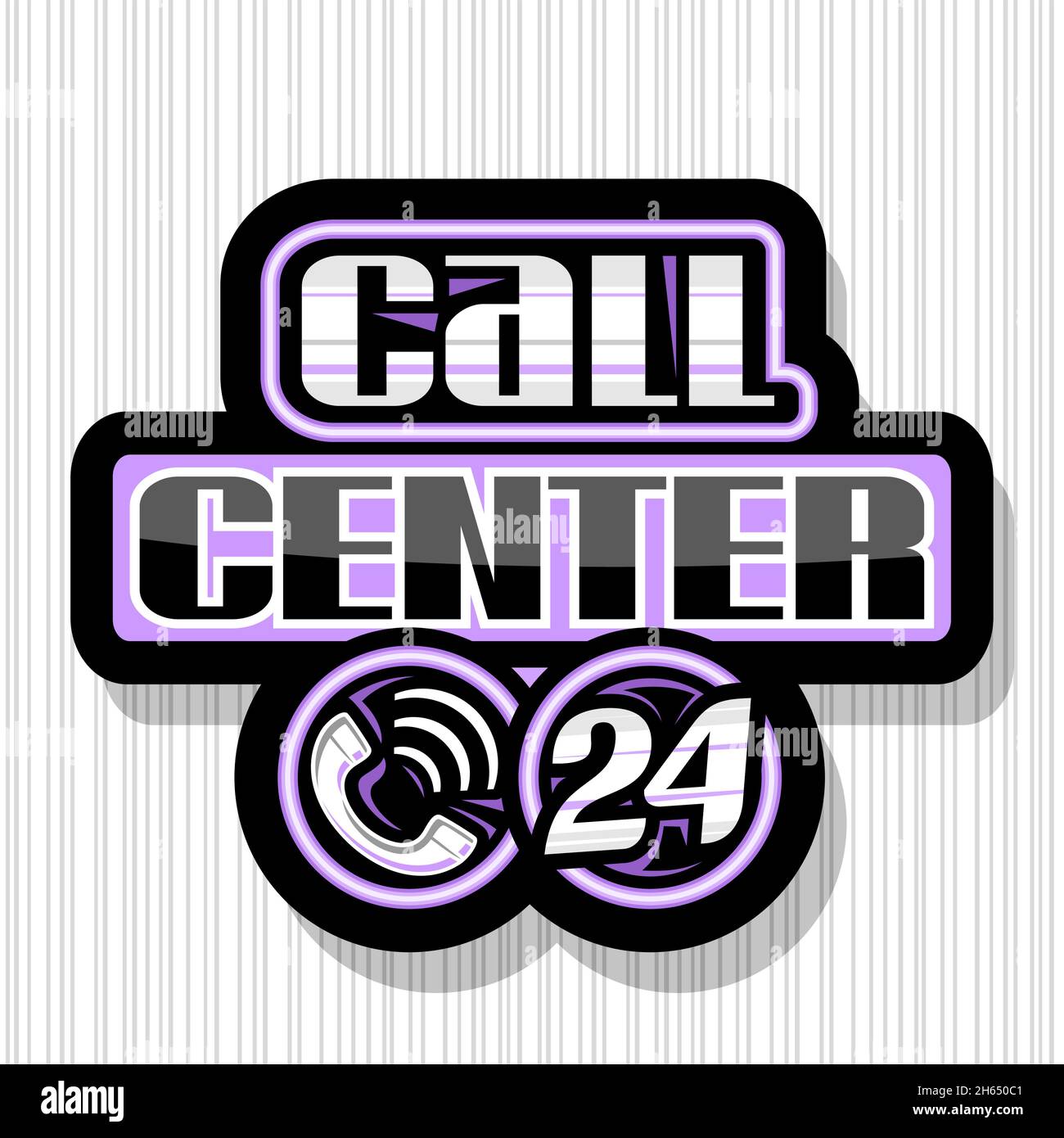 Logo Vector pour Call Center, signalisation décorative noire avec combiné d'illustration dans un cercle violet, lettrage au pinceau unique pour les mots Call Center 24, iso Illustration de Vecteur