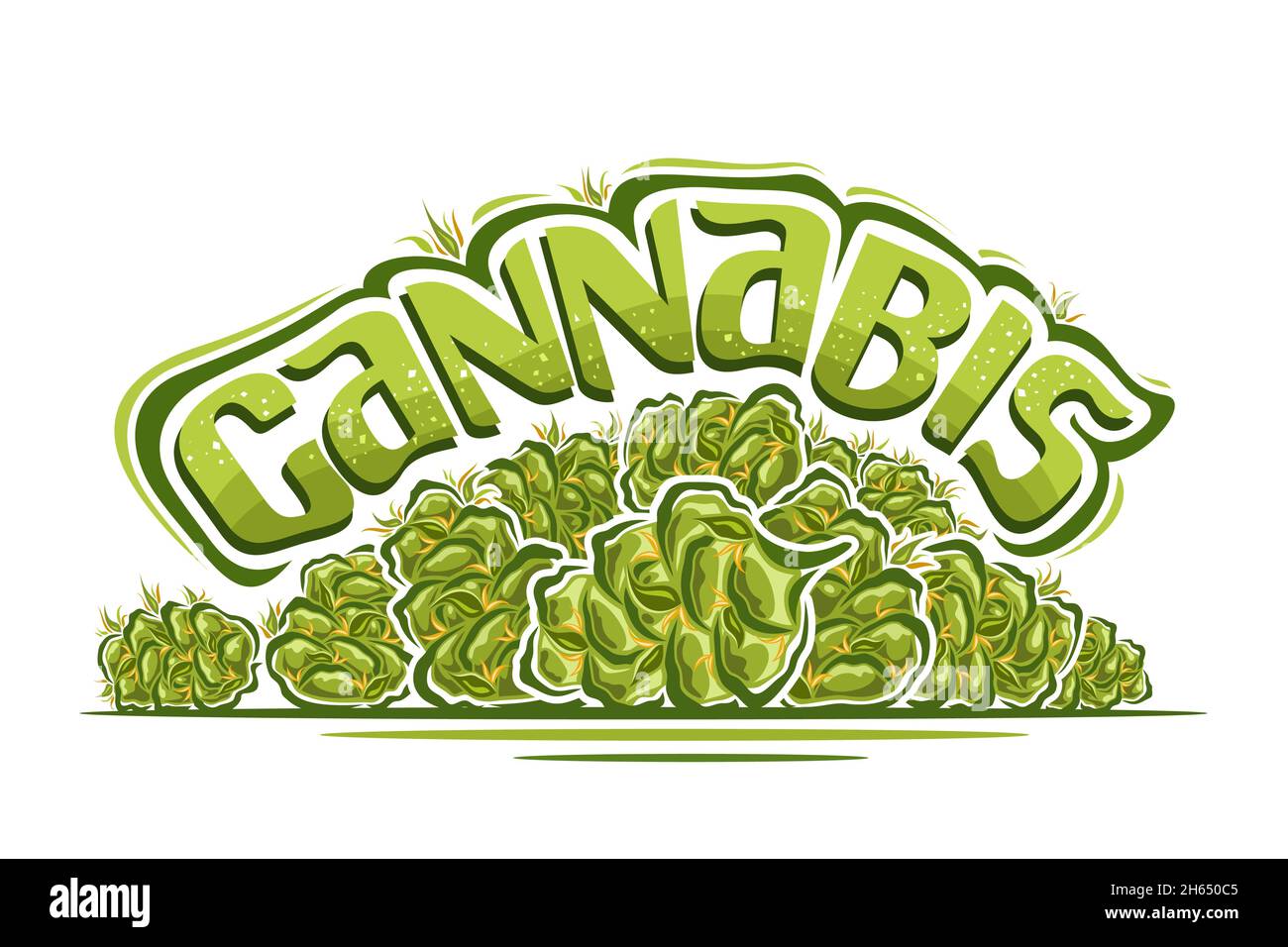 Logo vectoriel pour le cannabis, affiche horizontale avec illustration des boutons d'onces de cannabis et de la fleur de marijuana séchée isolée de bande dessinée, unique pinceau letteri Illustration de Vecteur