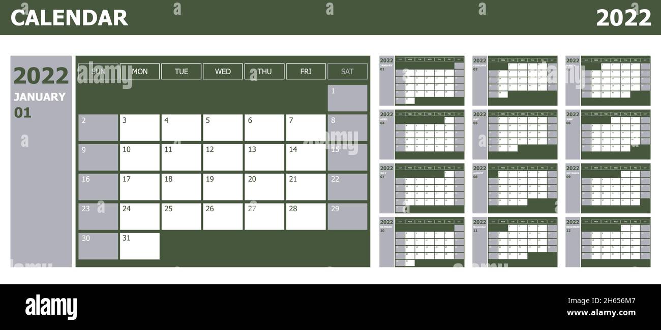 Calendrier 2022 semaines début dimanche design planificateur avec vert et gris, vecteur de stock Illustration de Vecteur