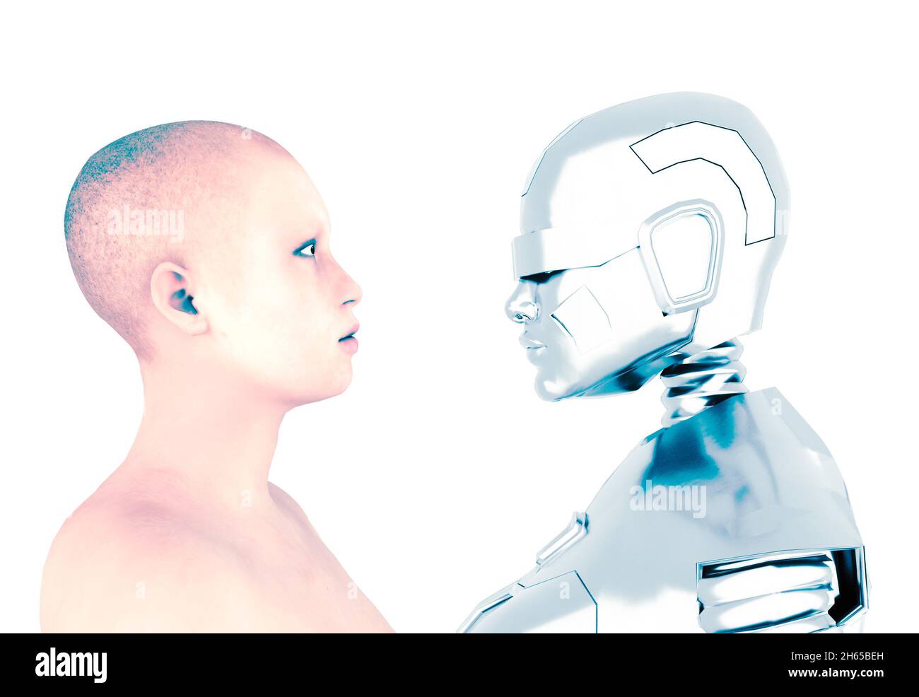 Monde numérique et monde analogique, femme humaine et femme robot, l'avenir de la race humaine.L'évolution de l'espèce.Femme et robot en profil Banque D'Images