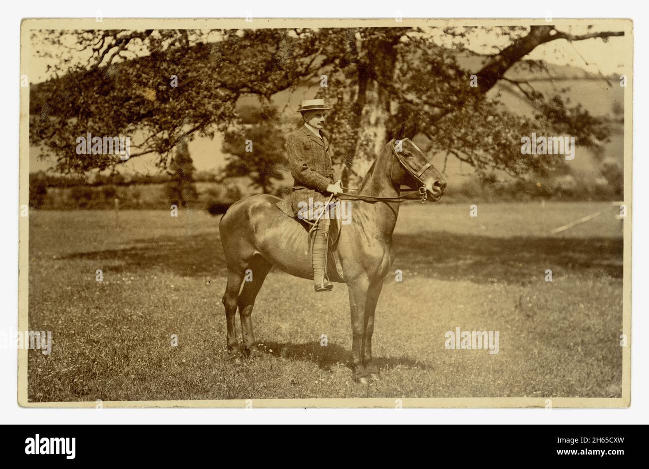 Carte postale originale du début des années 1900 d'homme sur un cheval, Cardiganshire, pays de Galles, datée du 1912 juin à l'envers. Banque D'Images