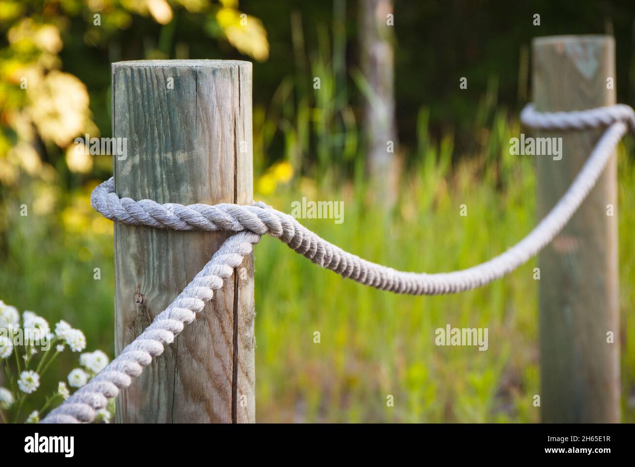 Clôture en corde et poteau en bois dans le parc public Banque D'Images