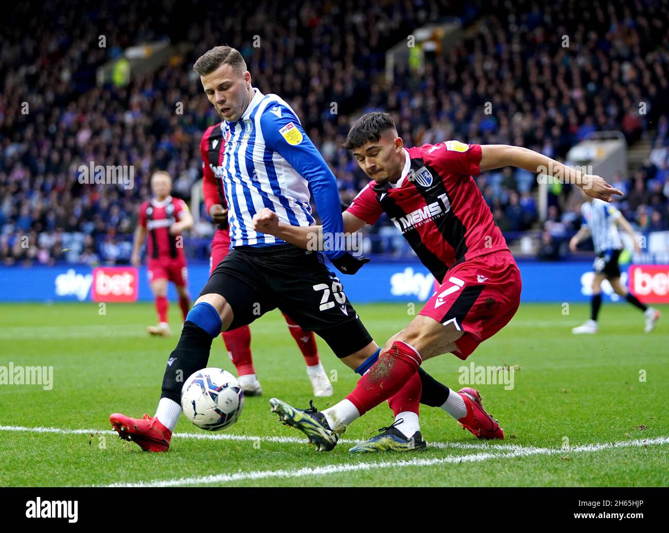 Florian Kamberi de Sheffield Wednesday (à gauche) et Bailey Akehurst de Gillingham se battent pour le ballon lors du match Sky Bet League One à Hillsborough, Sheffield.Date de la photo: Samedi 13 novembre 2021. Banque D'Images