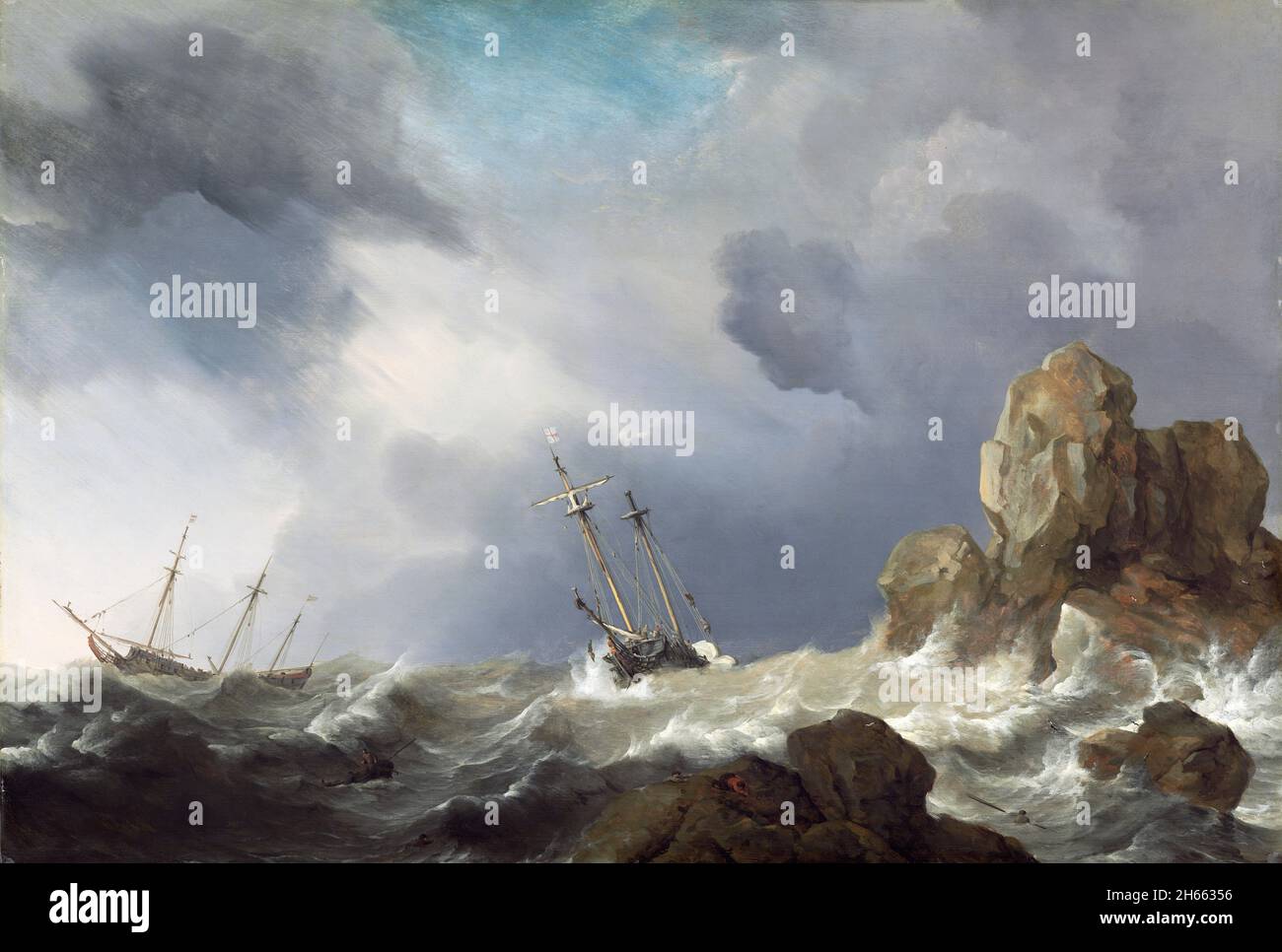 Navires dans un Gale par l'artiste néerlandais Willem van de Velde le plus jeune (1633-1707), huile sur panneau, 1660 Banque D'Images