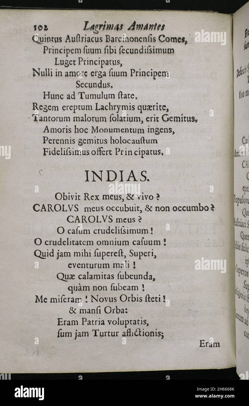 Décès de Charles II d'Espagne (1661-1700).Larmes d'Amour, versées par l'éminente ville de Barcelone... dans les magnifiques rituels de deuil consacrés à la mémoire bien-aimée et vénérée de son roi et Seigneur décédé, don Carlos II…('Lagrimas amantes de la excelentissima ciudad de Barcelona, con que agradecida a las reales finezas y benevos, demuestra su amor y su dolor, en las magnifilas exequias que celeó a las amadas y venerables memorias de su difunto Rey y Señor, D. Carlos II').Par Josep Rocaberti.Edition à Barcelone, dans l'impression de Juan Pablo Marti, par Francisco Barnola, 1701.Histo Banque D'Images