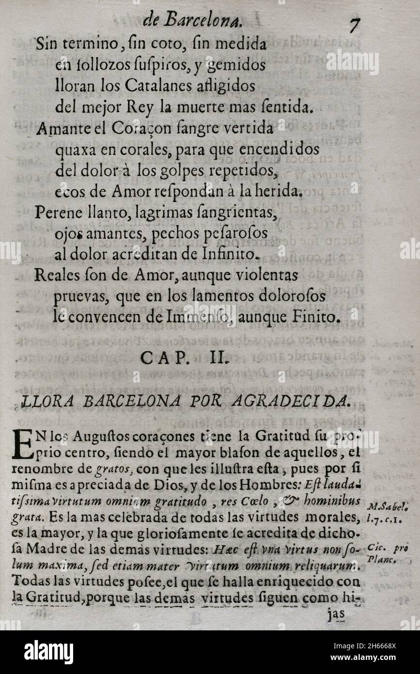 Décès de Charles II d'Espagne (1661-1700).Journées officielles de deuil dans la ville de Barcelone.Larmes d'Amour, versées par l'éminente ville de Barcelone... dans les magnifiques rituels de deuil consacrés à la mémoire bien-aimée et vénérée de son roi et Seigneur décédé, don Carlos II…('Lagrimas amantes de la excelentissima ciudad de Barcelona, con que agradecida a las reales finezas y benevos, demuestra su amor y su dolor, en las magnifilas exequias que celeó a las amadas y venerables memorias de su difunto Rey y Señor, D. Carlos II').Par Josep Rocaberti.Edition à Barcelone, dans l'impression de Banque D'Images