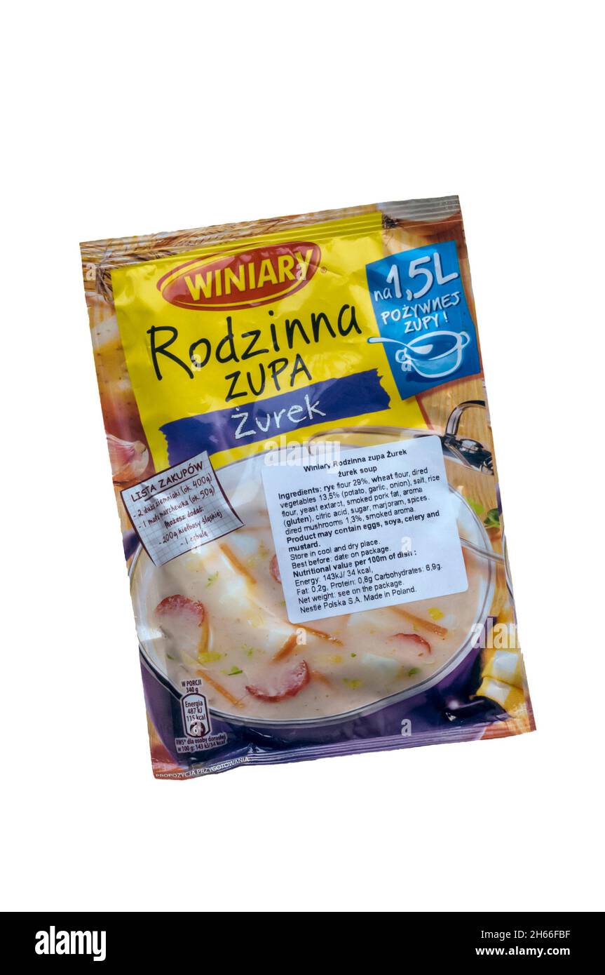 Un paquet de Zurek instantané, soup de sour Rye polonais, produit en Pologne par Nestlé. Banque D'Images