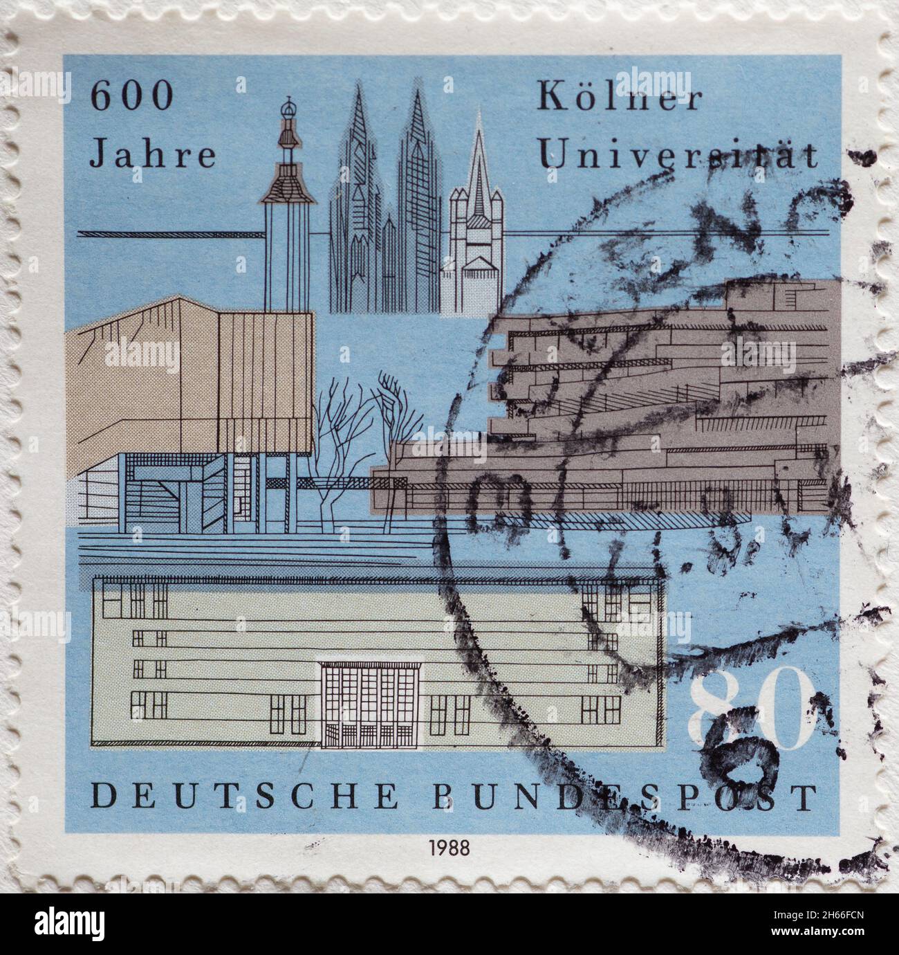 ALLEMAGNE - VERS 1988: Timbre-poste de l'Allemagne, montrant le bâtiment de l'université et les tours de l'église de Cologne.600 ans de l'Université de Colog Banque D'Images