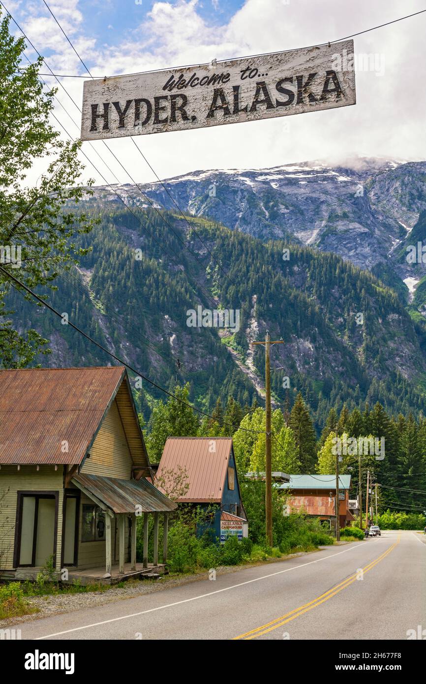 États-Unis, Alaska, Hyder, panneau de bienvenue Banque D'Images