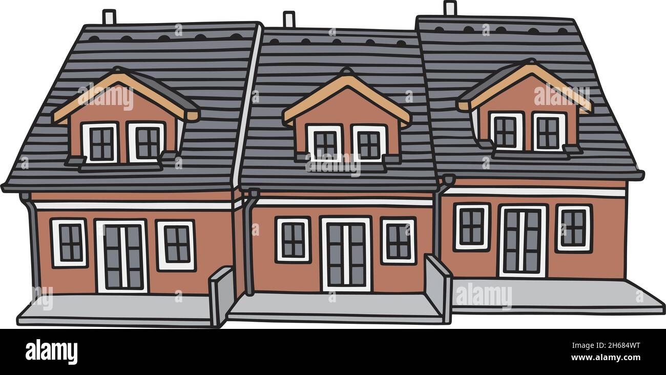Le dessin à la main de trois petites maisons rouge foncé Illustration de Vecteur