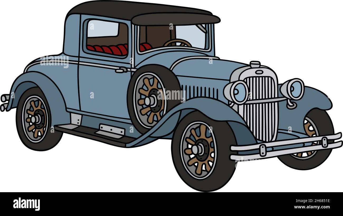 Le dessin à la main vectorisé d'une voiture bleu vintage Illustration de Vecteur