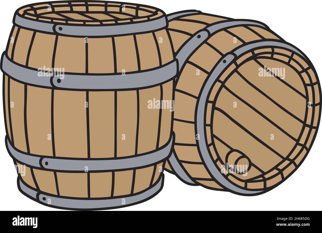 Le dessin à la main vectorisé de deux vieux barils en bois Illustration de Vecteur