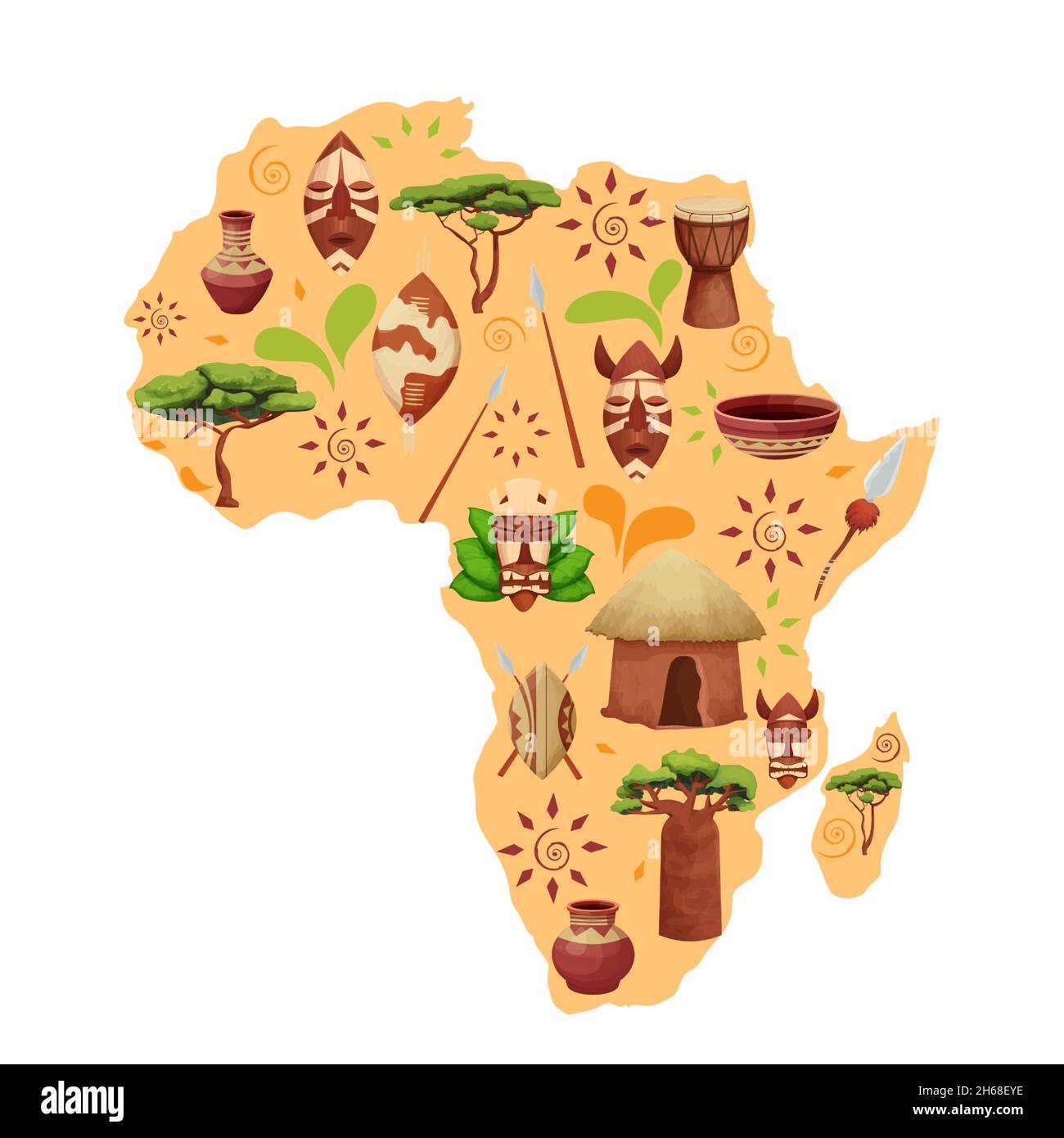 Silhouette de carte africaine avec éléments ethniques dans le style de dessin animé.Ornements tribaux sur les boucliers, masques, objets de la nature baobab arbre, savane acacia.Illustration vectorielle Illustration de Vecteur