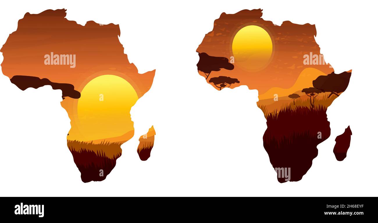 Silhouette de la carte d'Afrique avec coucher de soleil et paysage en style de dessin animé isolé sur fond blanc.Vie sauvage, scène de la nature.Symbole continent, élément de conception.Illustration vectorielle Illustration de Vecteur