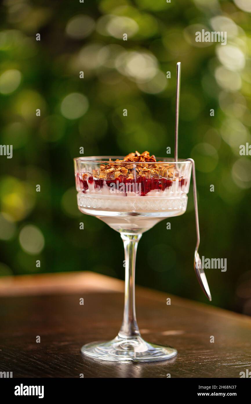 Dessert aux baies de granola dans un verre de fantaisie Banque D'Images