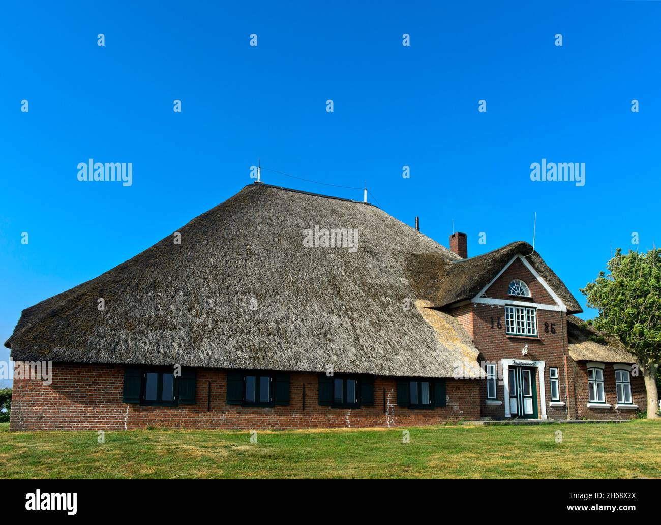 Ferme traditionnelle de type Haubarg, Haubarg Knutzenswarft, Westerhever, péninsule d'Eiderstedt, Schleswig-Holstein,Allemagne Banque D'Images Ferme traditionnelle de type Haubarg, Haubarg Knutzenswarft, Westerhever, péninsule d'Eiderstedt, Schleswig-Holstein,Allemagne Banque D'Images
